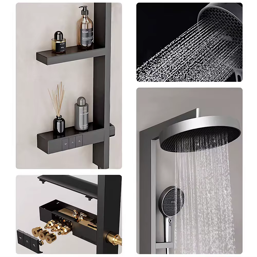 Ensemble de robinets de douche de salle de bains de luxe modernes, avec support de rangement, système de douche à effet de pluie, colonne de panneau, robinets mélangeurs complets en laiton pour baigno