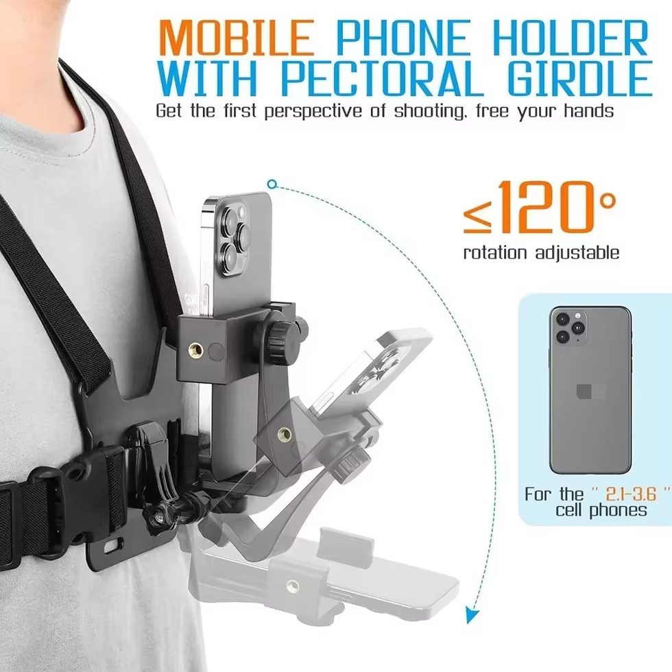 Support de téléphone réglable avec sangle de fixation pour la poitrine, pour caméra sportive, téléphone portable, caméra, accessoire de support noir