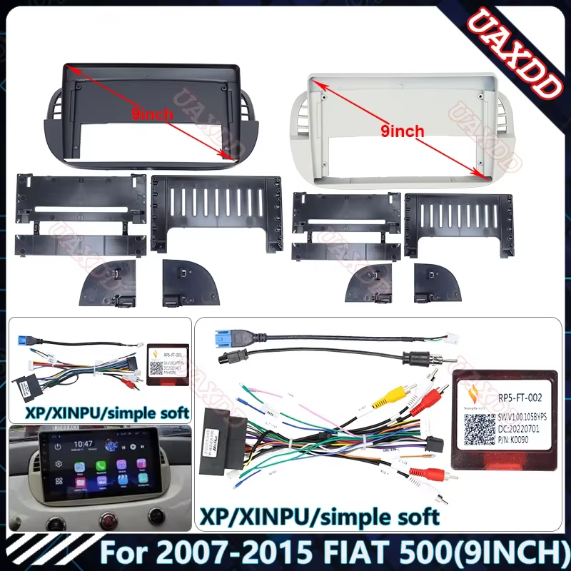 Pour Fiat 500 2007-2015, autoradio MP5 9 pouces, écran Android, accessoires, navigation, cadre de tableau de bord, faisceau de câbles, Canbus