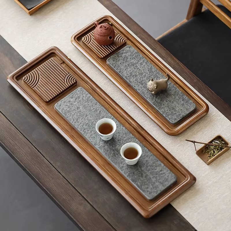 Mini service à thé Kungfu avec plateau en bambou lourd, assiette rectangulaire de brassage à sec, planche de service de cérémonie domestique de Style naturel