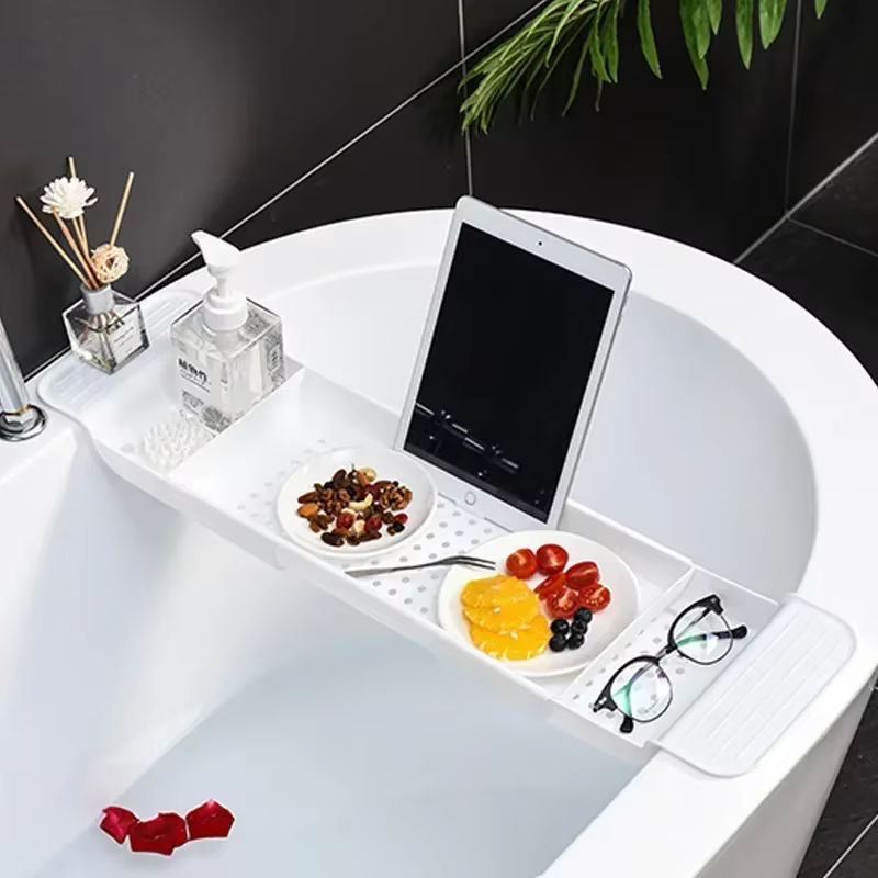 Plateau de baignoire, panier de douche, étagère de baignoire extensible, support de serviette, support de livre, organisateur de rangement, accessoires