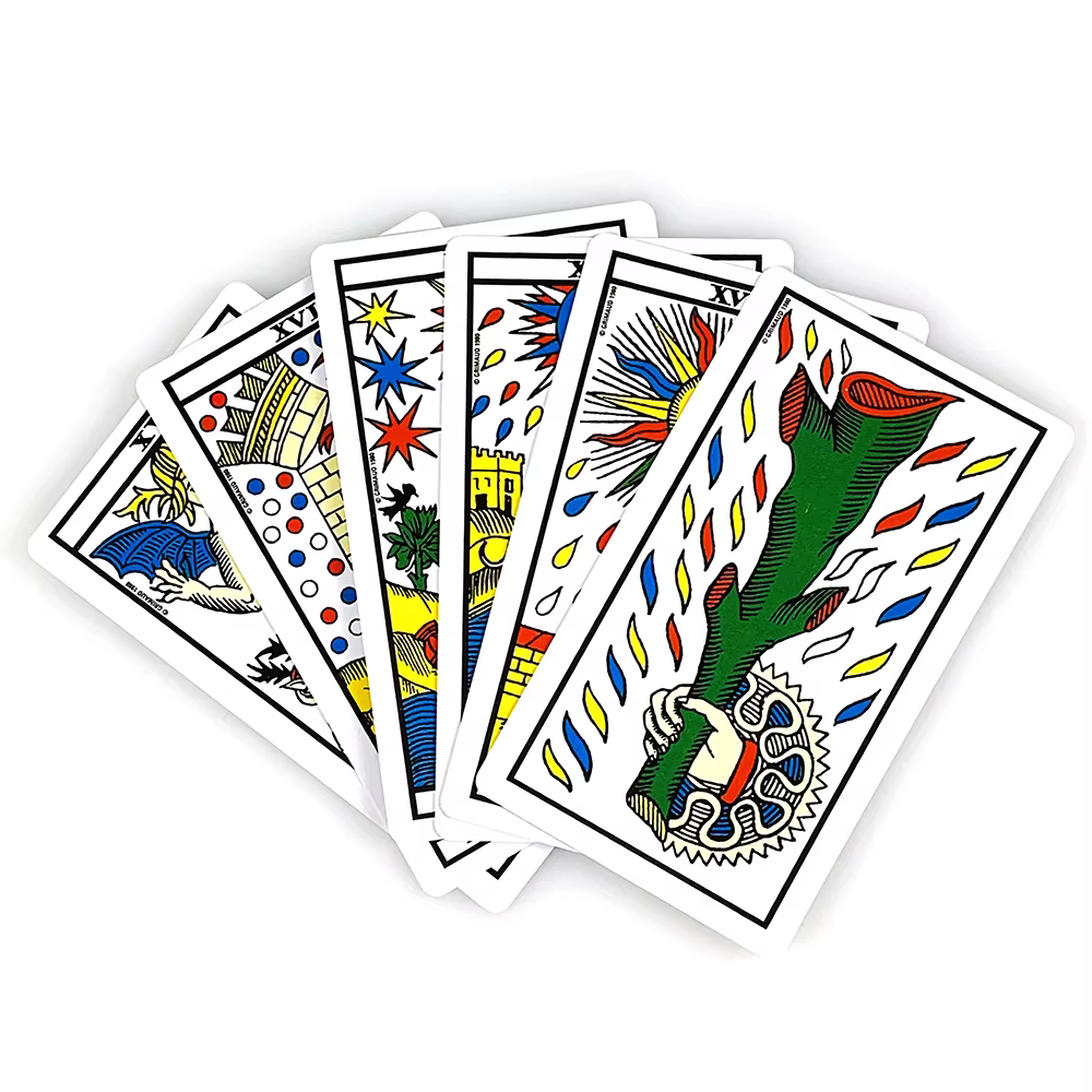Version française. Ancien jeu de cartes de tarot de Marseille, jeu de tarot classique de Marseille, divination par la fortune, jeux de société de tarot pour débutants