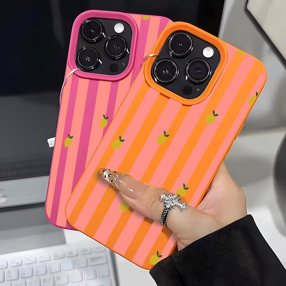 Coque de téléphone motif citron rayé rose beige pour iPhone 17 16 15 14 13 12 11 Pro Max 14 15 Plus 17 Air X Xs XR, Housse souple Litchi
