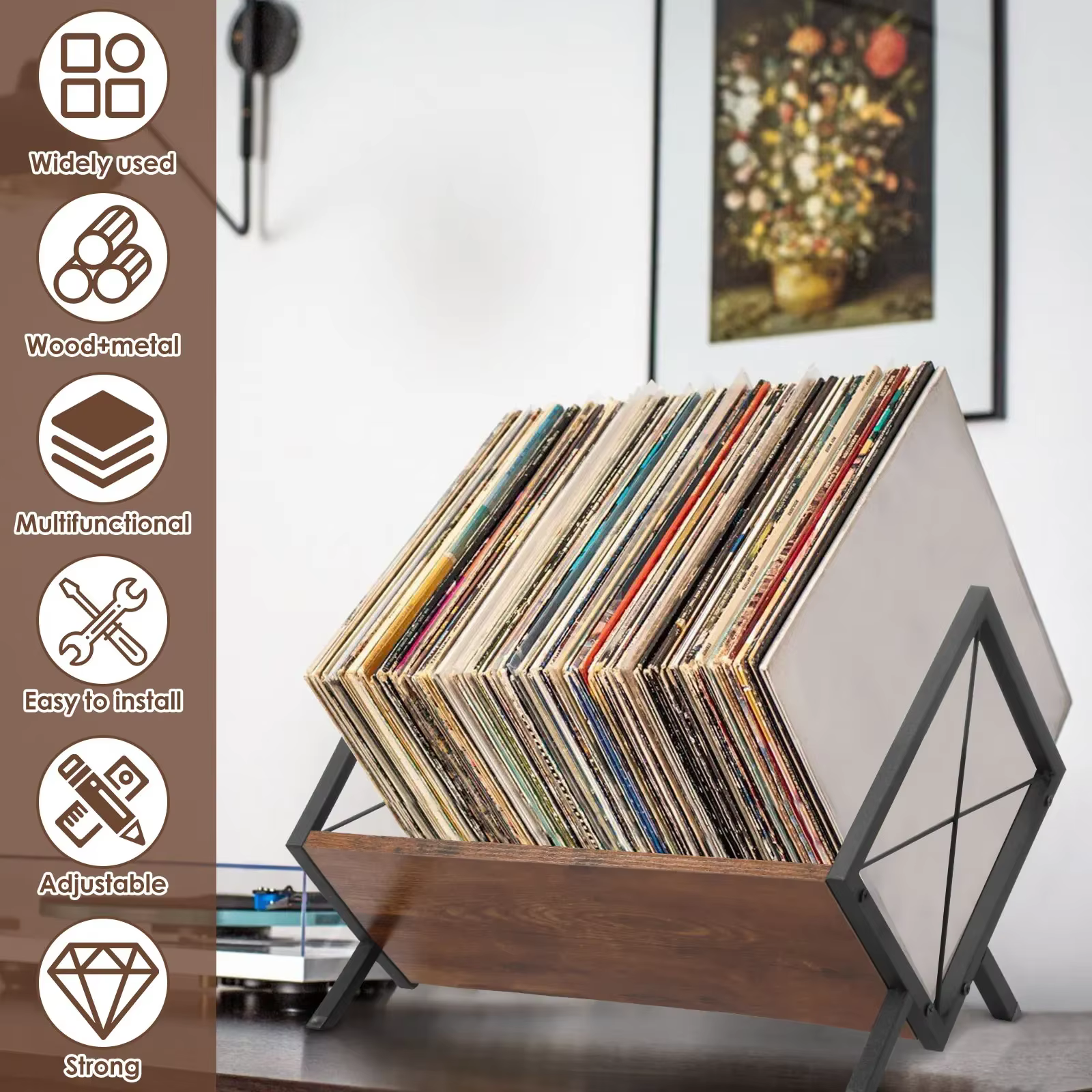 Support de rangement pour disques vinyles, support de rangement de bureau en bois et métal avec séparateur réglable, support décoratif pour disques vinyles, support d'album