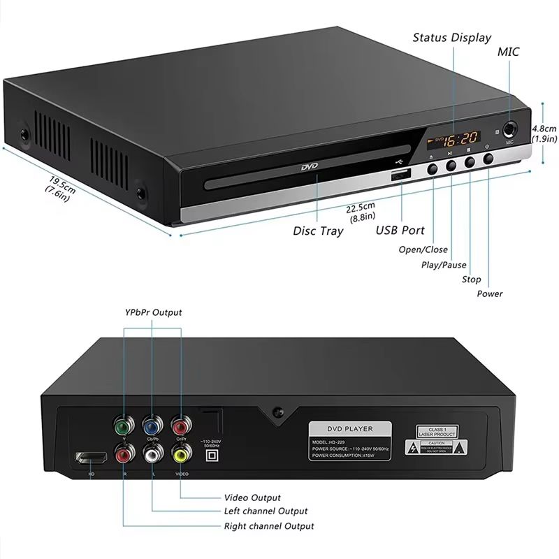 Lecteur DVD haute définition 1080P, boîtier de lecteur DVD domestique pour TV, toutes régions, lecteur de disques CD DVD gratuit, sortie AV, port micro intégré
