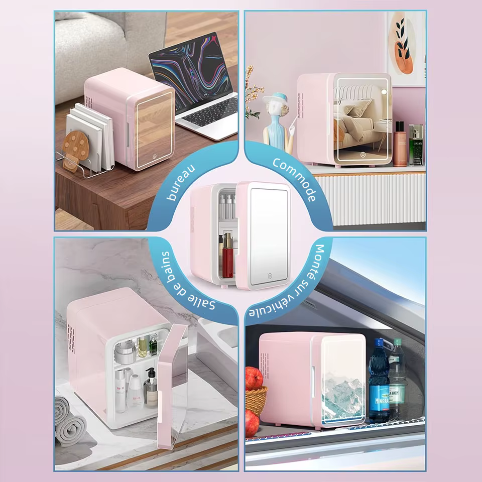 Mini-réfrigérateur de beauté portable avec miroir LED à intensité réglable pour maquillage et cosmétiques, idéal pour chambre, dortoir et voiture 