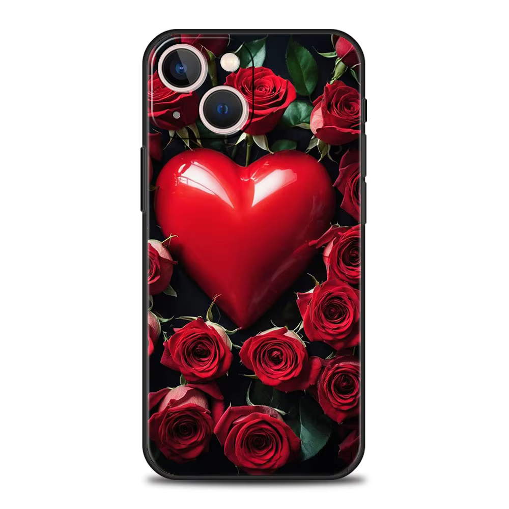 Coque de téléphone de luxe avec belles fleurs de roses rouges, étui noir pour iPhone 15 16 14 13 12 mini 11 Pro Max XS X XR SE 7 8 Plus