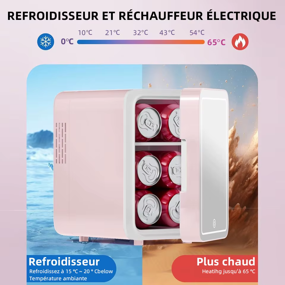 Mini-réfrigérateur de beauté portable avec miroir LED à intensité réglable pour maquillage et cosmétiques, idéal pour chambre, dortoir et voiture 