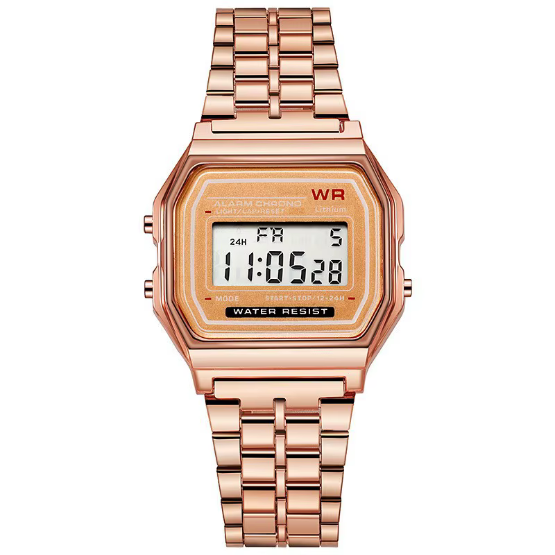 Montres de luxe en or rose pour hommes et femmes, affichage numérique électronique, horloge de style rétro