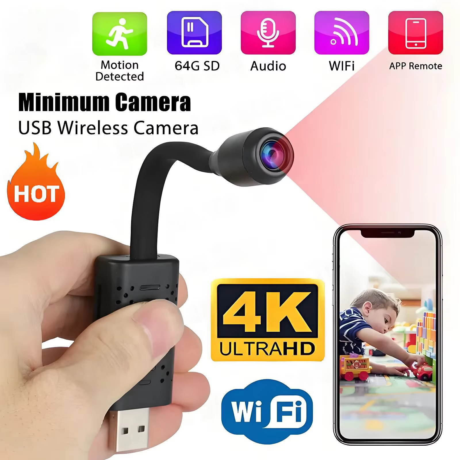 NOUVEAU Caméras de Surveillance WiFi USB 4K Mini avec Câble à Lentille Flexible, Détection de Mouvement, Enregistreur Vidéo, Caméscope de Sécurité 2026