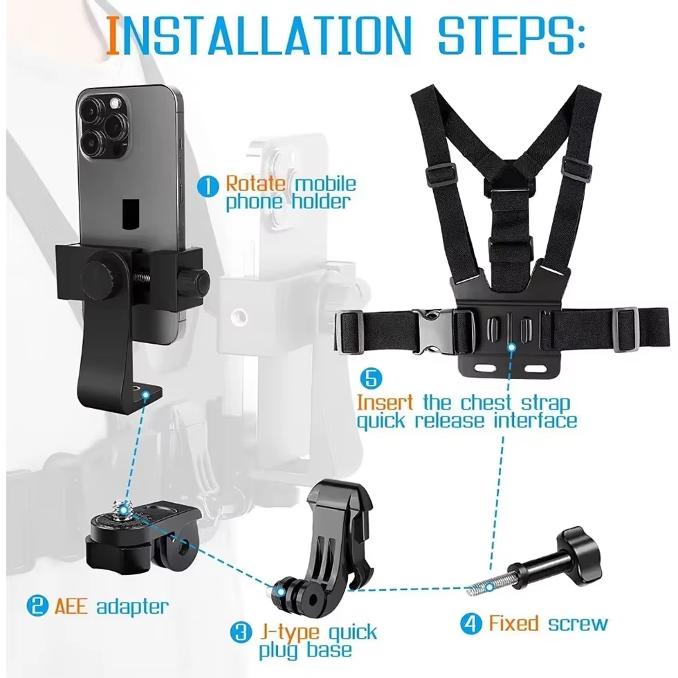 Support de téléphone réglable avec sangle de fixation pour la poitrine, pour caméra sportive, téléphone portable, caméra, accessoire de support noir