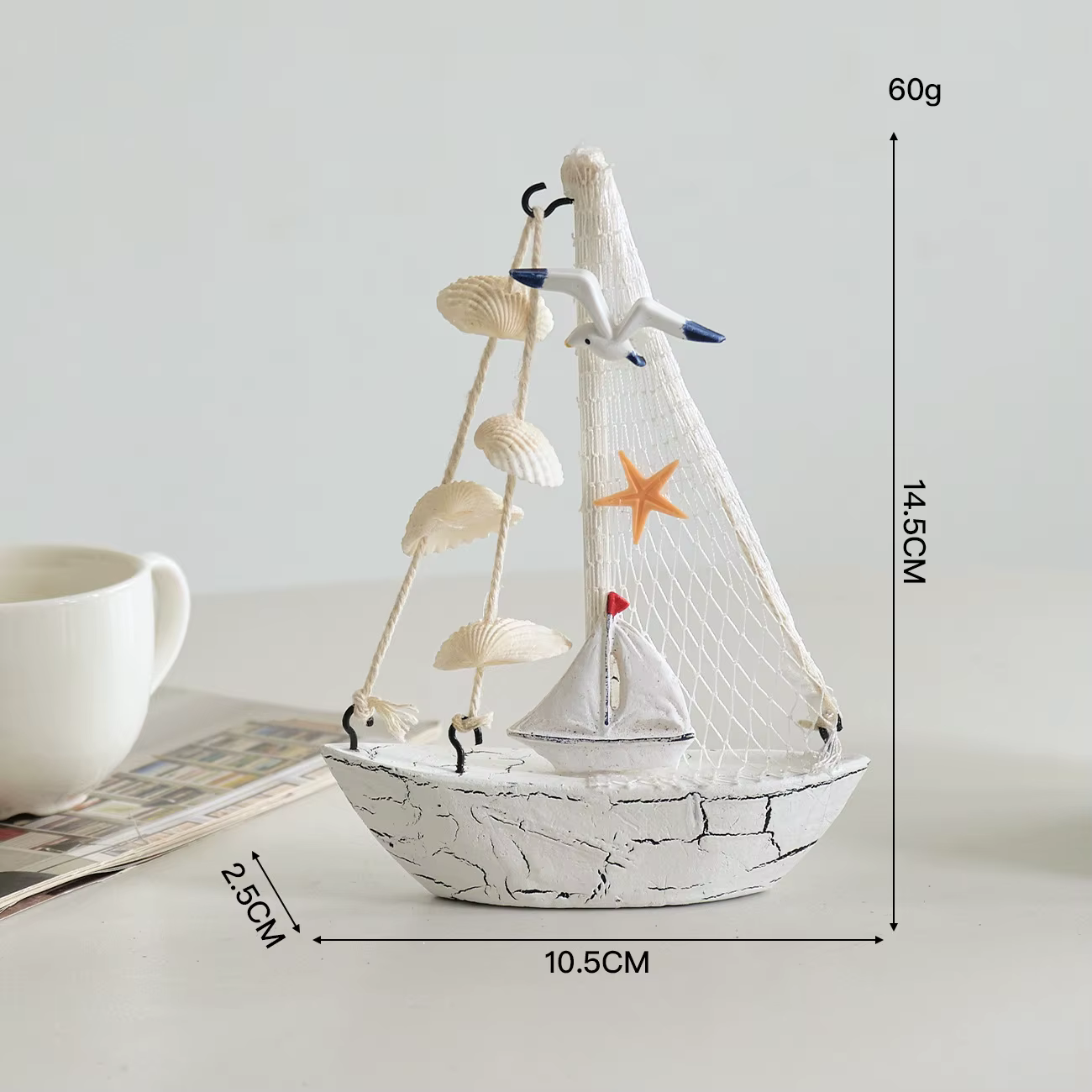 Mini bateau à voile en bois méditerranéen décoré de coquillages, décoration de chambre