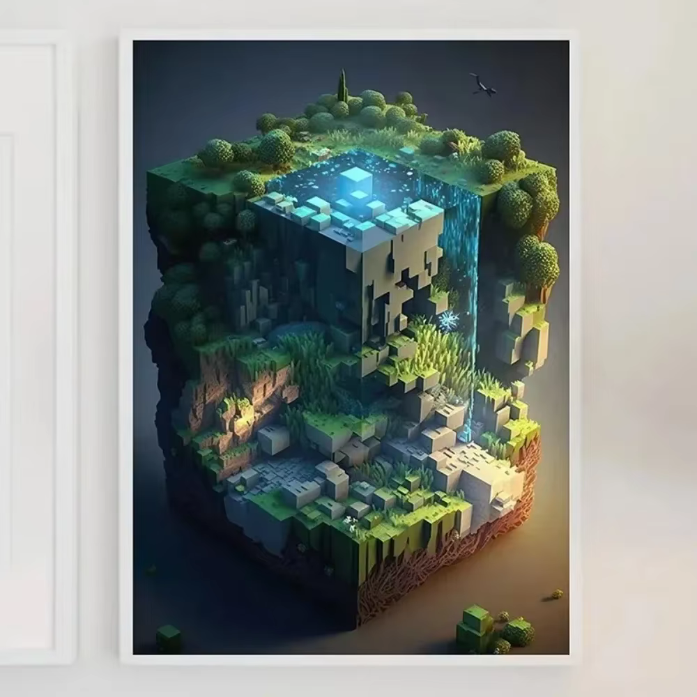 Peinture sur toile Mine Game Pixel Craft Paysage, Art mural moderne pour Salon et Salle de jeux, Décoration intérieure