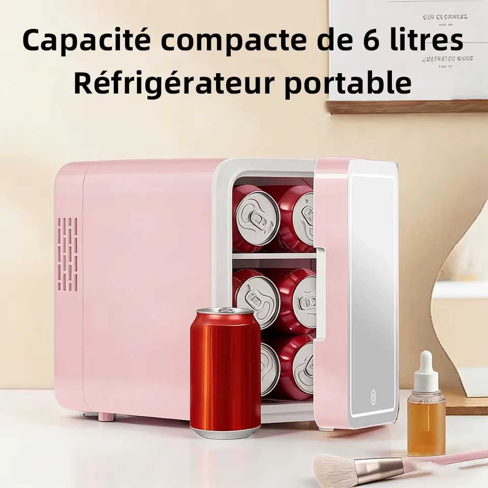Mini-réfrigérateur de beauté portable avec miroir LED à intensité réglable pour maquillage et cosmétiques, idéal pour chambre, dortoir et voiture 