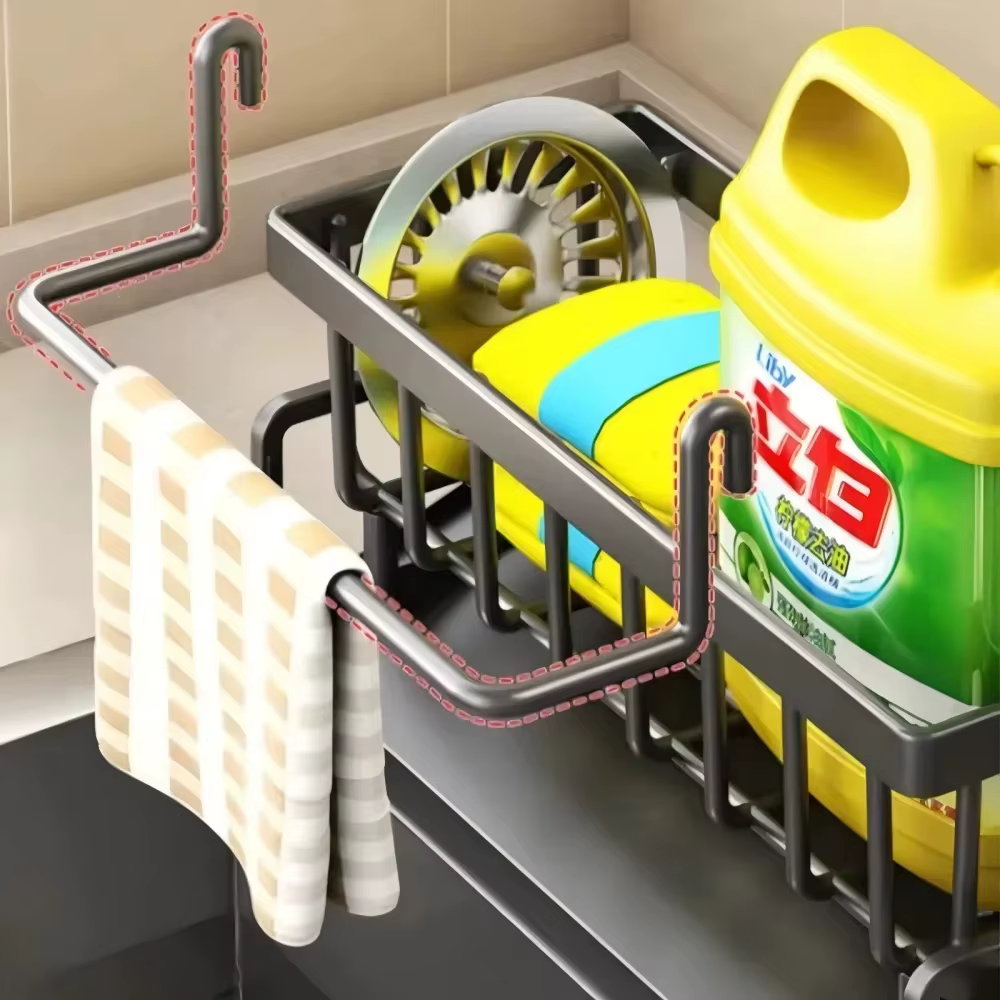 Étagère à épices compacte à fixer sur robinet – Organisateur d'évier avec égouttoir – Rangement de cuisine peu encombrant pour ustensiles/accessoires