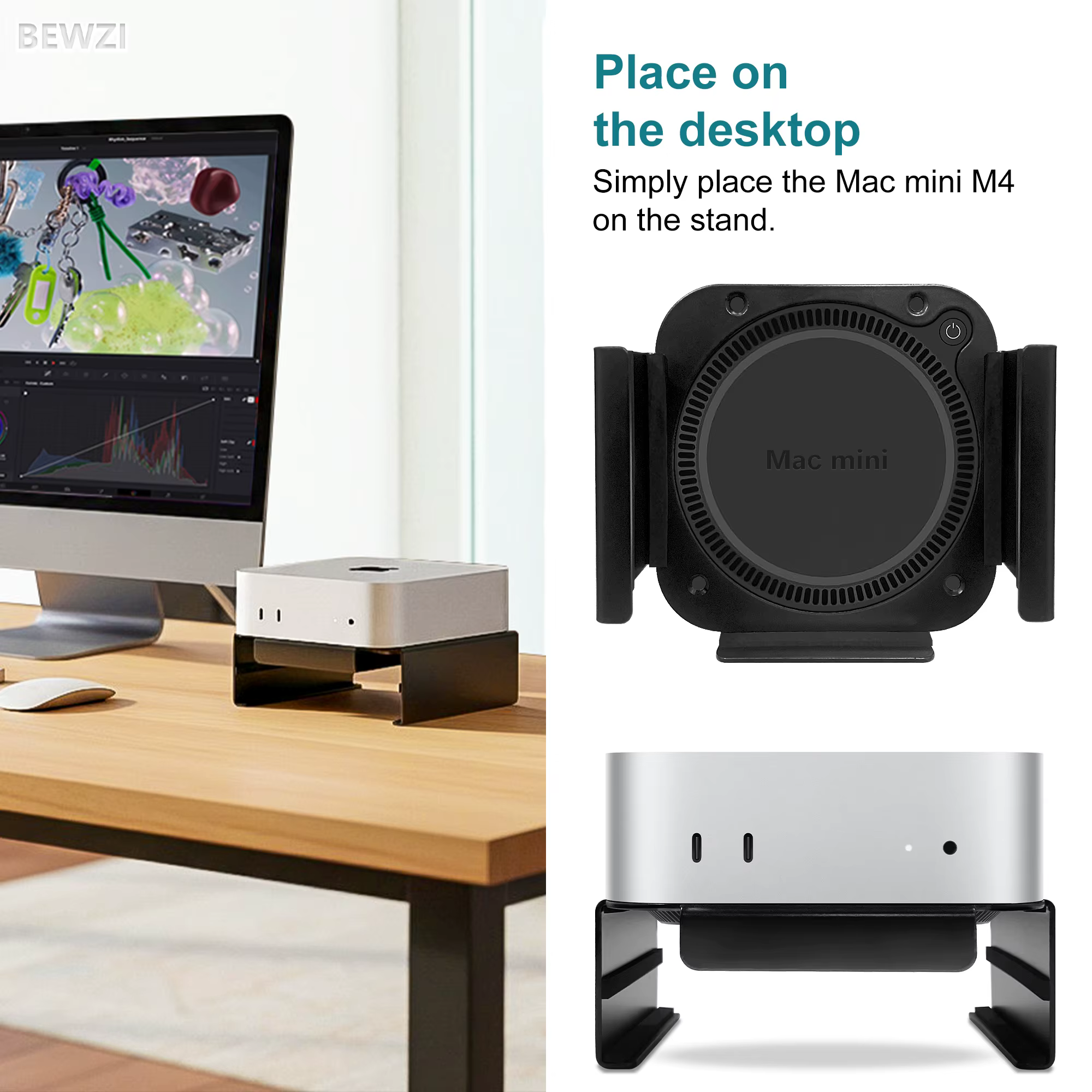 Support pour Mac Mini M4 / M4 Pro, adapté à une utilisation murale et sur bureau. Support pour Mac Mini M4 : Améliore le refroidissement et l'expérience des boutons