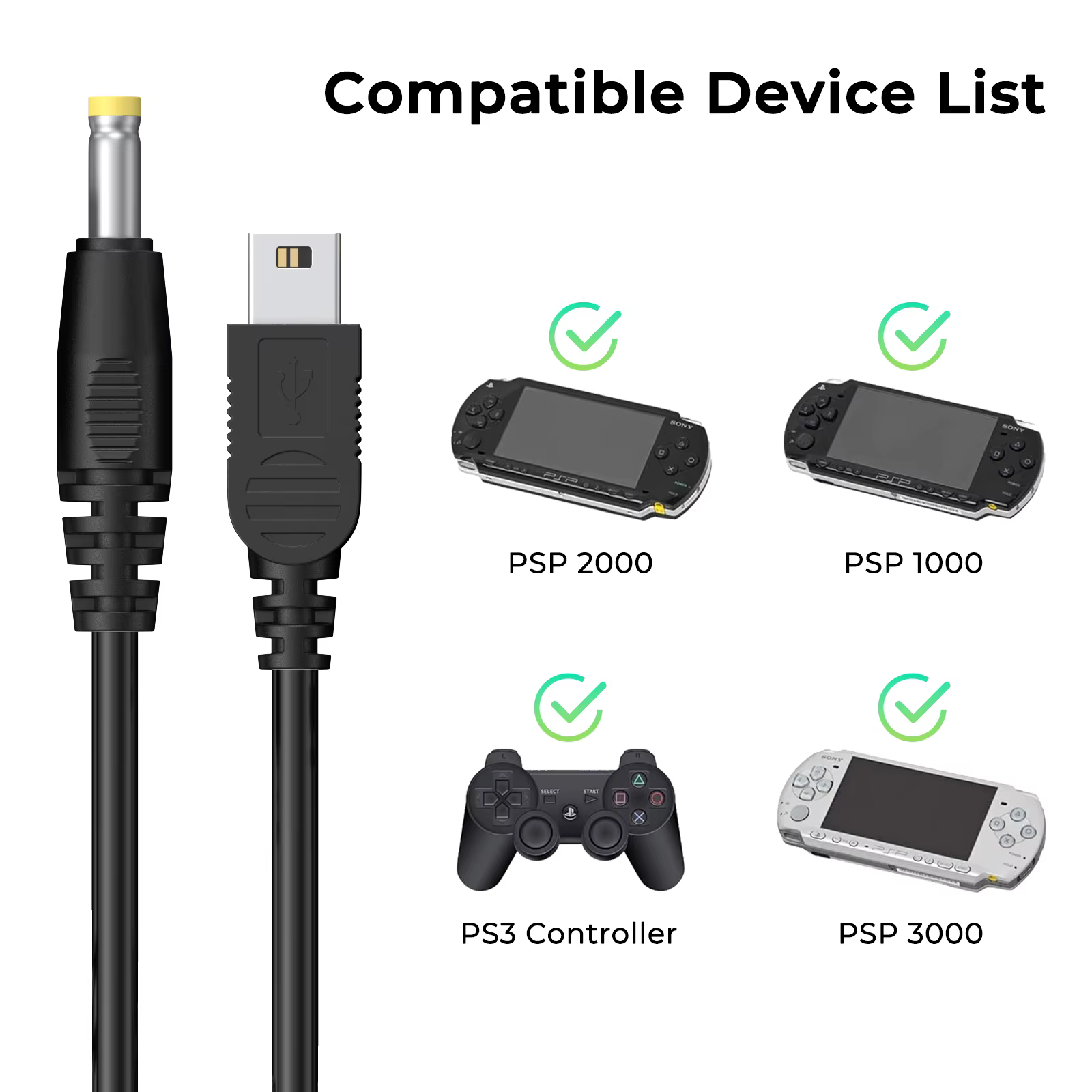 Mini câble de chargement USB 2 en 1, 5 broches, pour Sony PSP 1000 2000 3000, 3.9 pieds/1.2m, câble de données pour contrôleur PS3