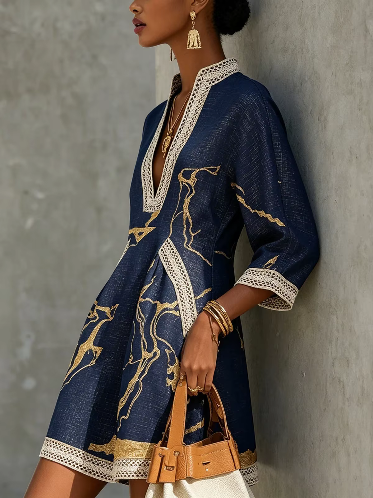 Mini-robe élégante pour femme, avec dentelle, col en V, imprimé abstrait, manches 3/4, poches, décontractée, pour le quotidien et les vacances