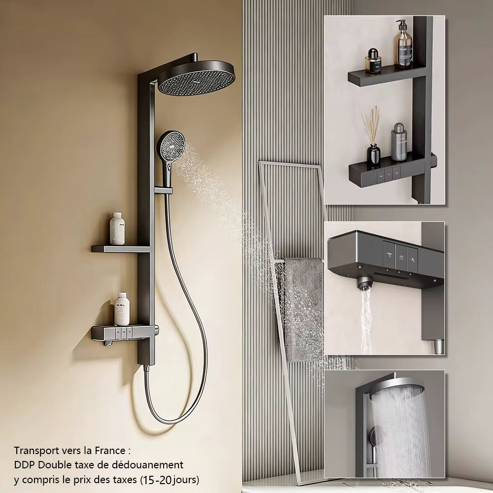 Ensemble de robinets de douche de salle de bains de luxe modernes, avec support de rangement, système de douche à effet de pluie, colonne de panneau, robinets mélangeurs complets en laiton pour baigno