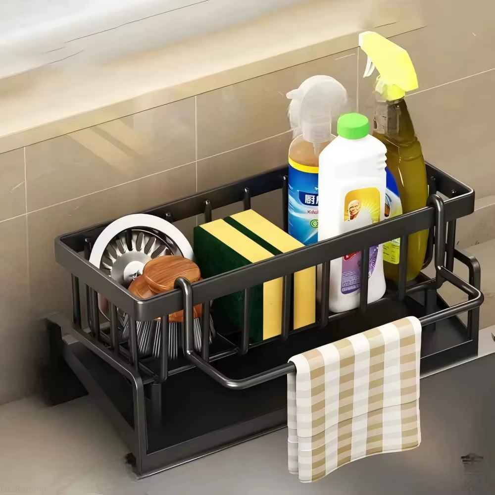 Étagère à épices compacte à fixer sur robinet – Organisateur d'évier avec égouttoir – Rangement de cuisine peu encombrant pour ustensiles/accessoires