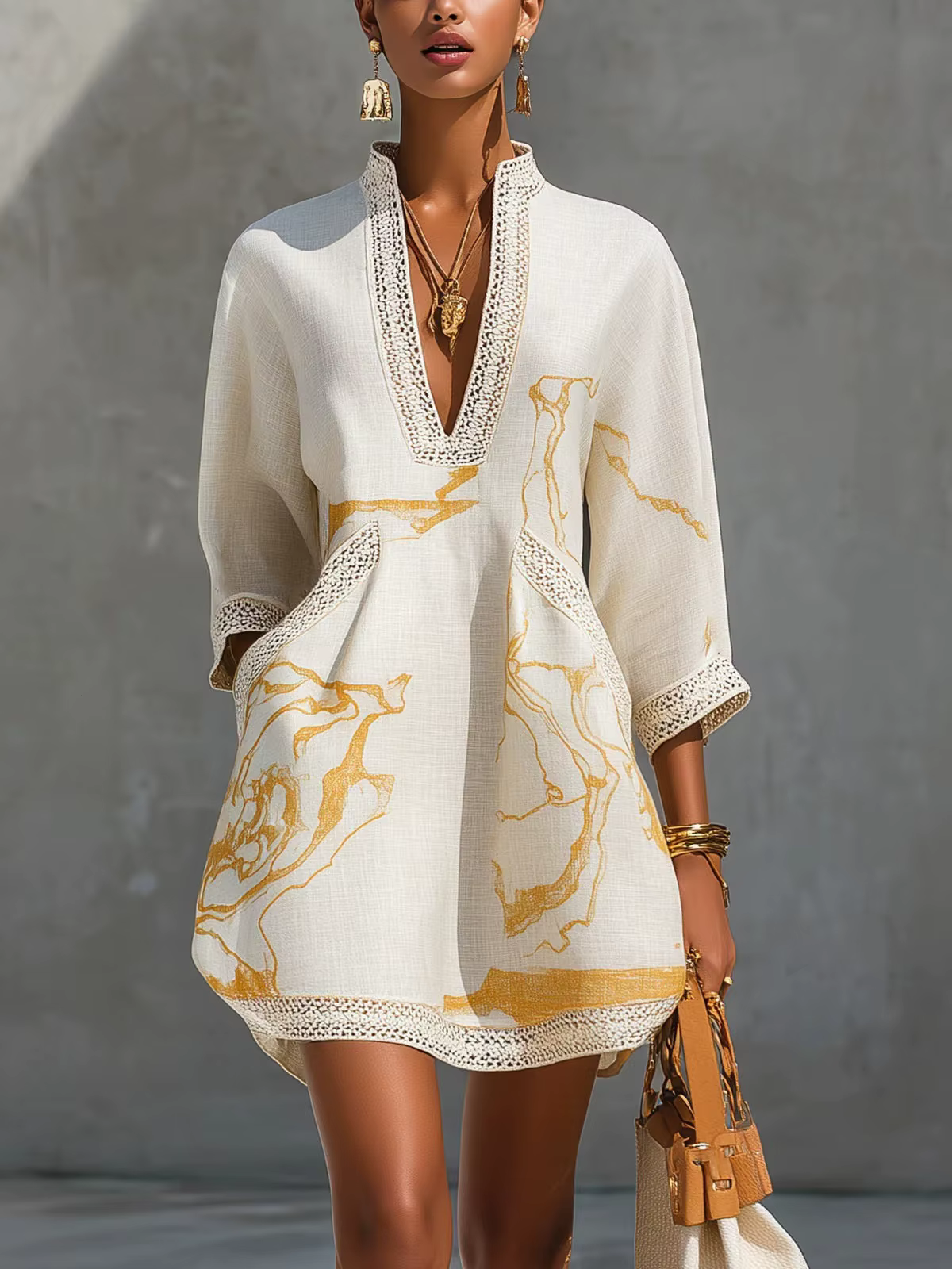 Mini-robe élégante pour femme, avec dentelle, col en V, imprimé abstrait, manches 3/4, poches, décontractée, pour le quotidien et les vacances
