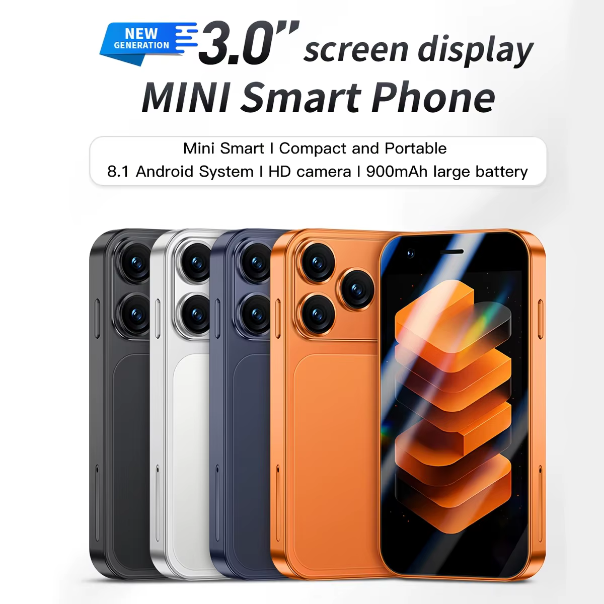 Mini smartphone avec écran de 3,0 pouces, 2 Go de RAM et 16 Go de stockage. Prend en charge plusieurs applications, reconnaissance faciale