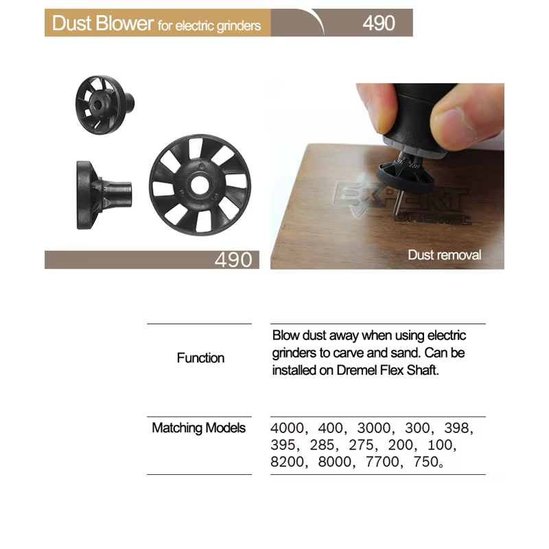 Dremel-Souffleur de poussière 490, accessoire d'outil lointain pour le ponçage et la gravure automobile, s'adapte à Dremel 8000, 4000, 3000, 200, 8220