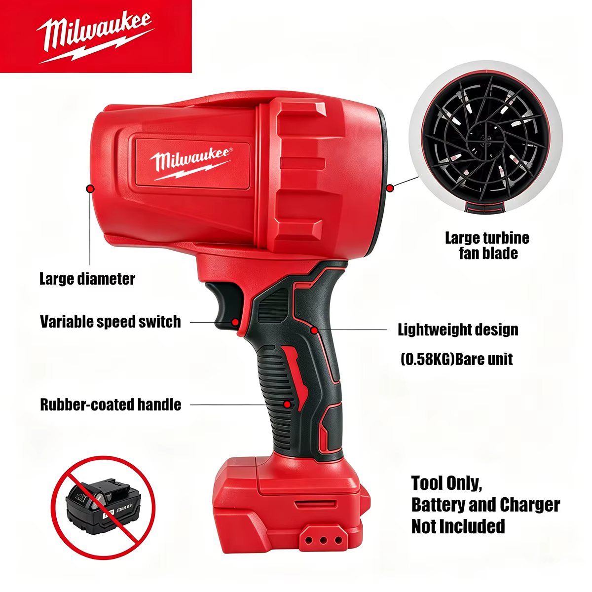 Souffleur sans fil Milwaukee 700W 30000RPM avec moteur sans balais, souffleur de feuilles pour le déneigement et le nettoyage de la poussière, outil à vitesse variable (outil seul)