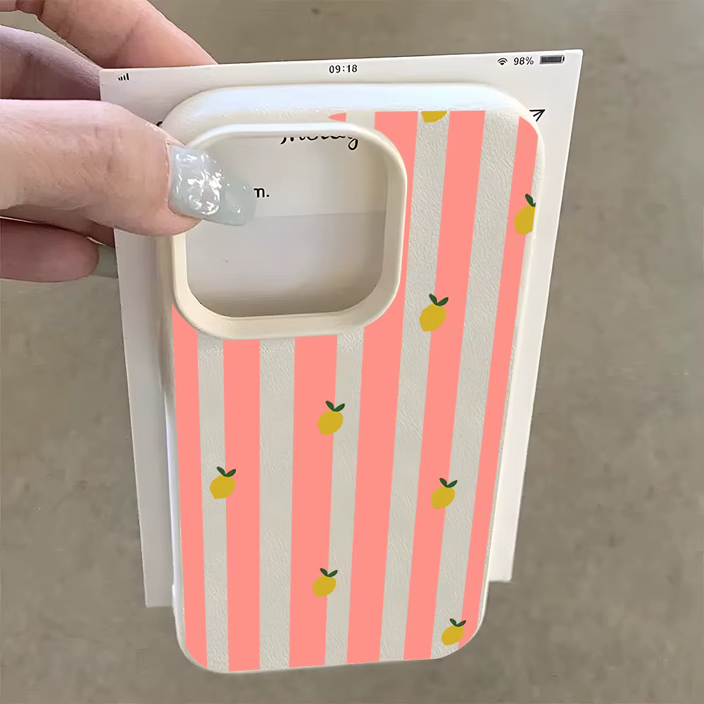 Coque de téléphone motif citron rayé rose beige pour iPhone 17 16 15 14 13 12 11 Pro Max 14 15 Plus 17 Air X Xs XR, Housse souple Litchi