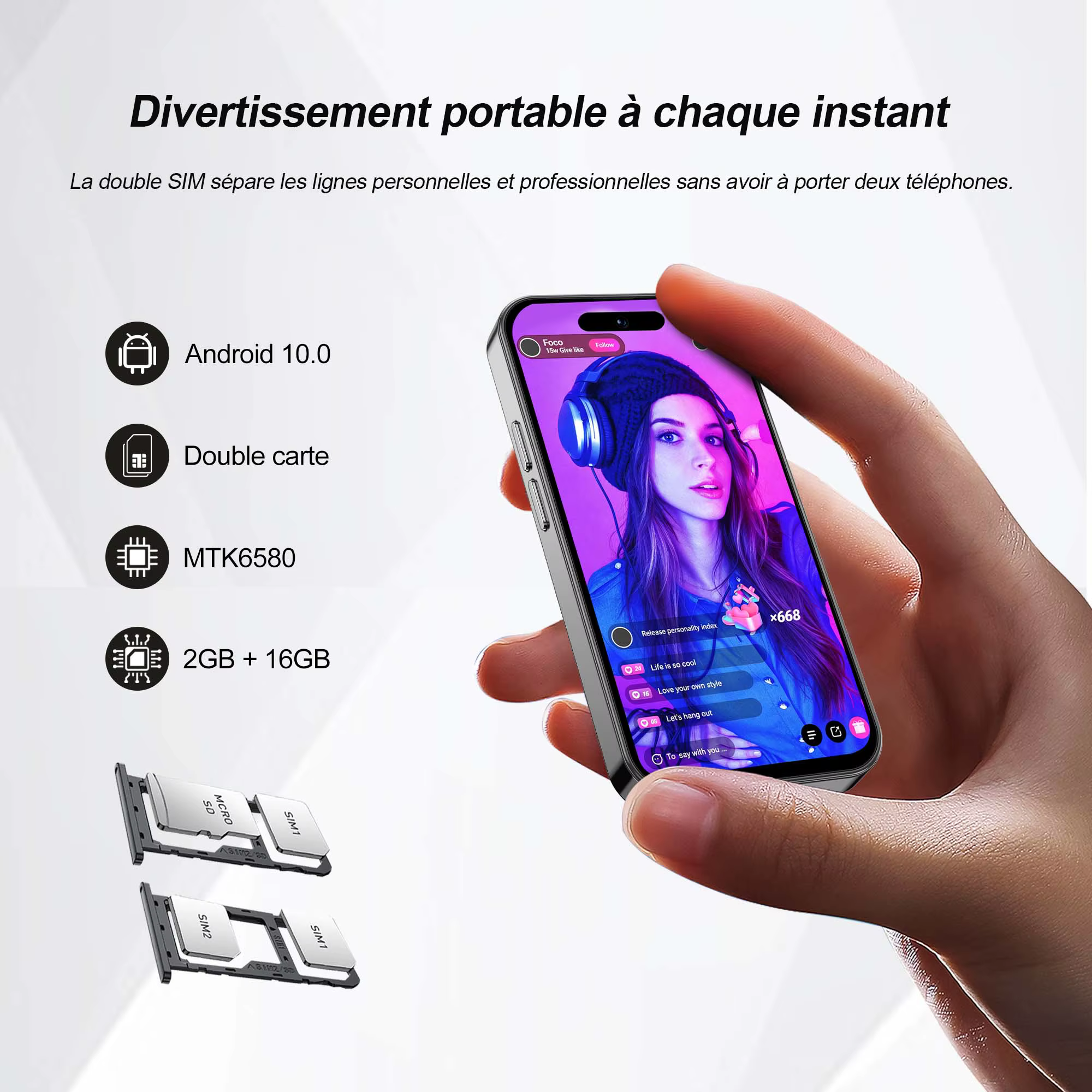 Mini smartphone SERVO S16 Mini 4.0" Android 10 3G WCDMA 2GB+16GB Double SIM Caméra HD WiFi Hotspot Play Store Téléphone de poche compact