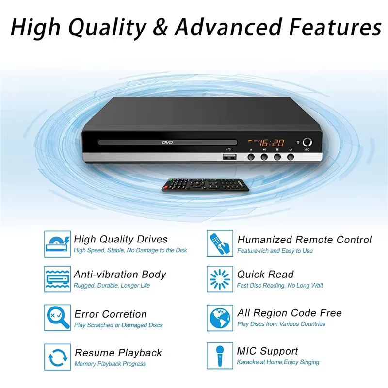 Lecteur DVD haute définition 1080P, boîtier de lecteur DVD domestique pour TV, toutes régions, lecteur de disques CD DVD gratuit, sortie AV, port micro intégré