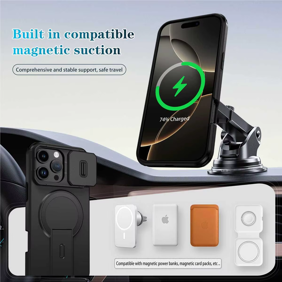 Étui de téléphone robuste avec support magnétique coulissant et béquille pour iPhone 16 15 14 13 12 11 Pro Max 16 15 14 Plus 13 mini 12 mini 16E 17E 17