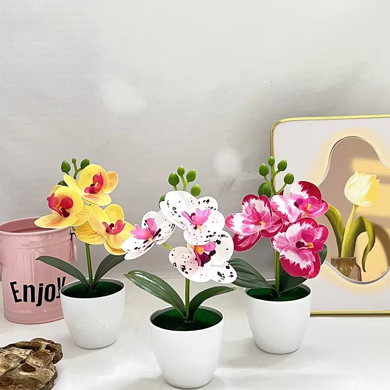 Mini Plante en Pot Artificielle Orchidée Papillon à 3 Fleurs, Accessoire Végétal Vert pour Décoration de Salon et Maison