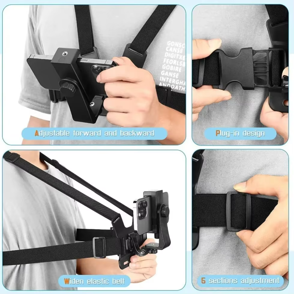Support de téléphone réglable avec sangle de fixation pour la poitrine, pour caméra sportive, téléphone portable, caméra, accessoire de support noir