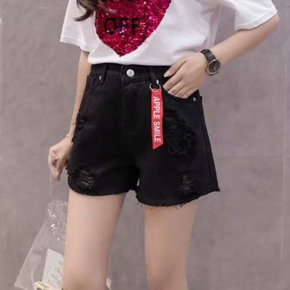 Shorts en jean tendance déchirés taille haute, polyvalents, avec ourlet effiloché et franges, 2024