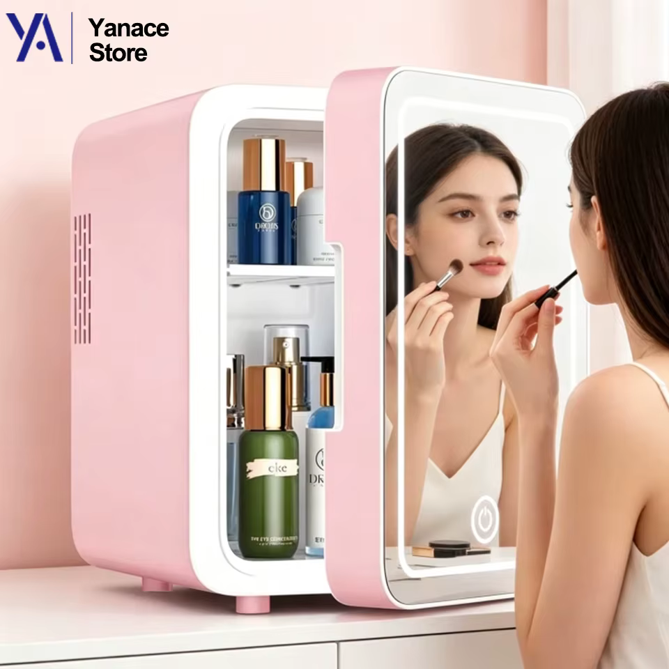 Mini-réfrigérateur de beauté portable avec miroir LED à intensité réglable pour maquillage et cosmétiques, idéal pour chambre, dortoir et voiture 