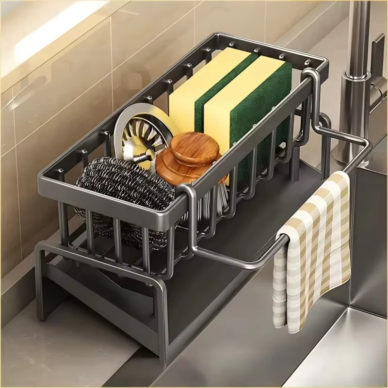 Étagère à épices compacte à fixer sur robinet – Organisateur d'évier avec égouttoir – Rangement de cuisine peu encombrant pour ustensiles/accessoires
