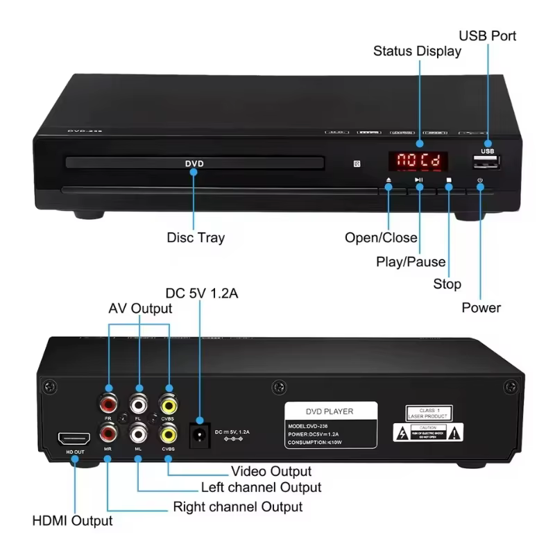 Lecteur DVD domestique pratique, modèle 238, lecteur de disques HD Mini EVD VCD CD pour usage domestique