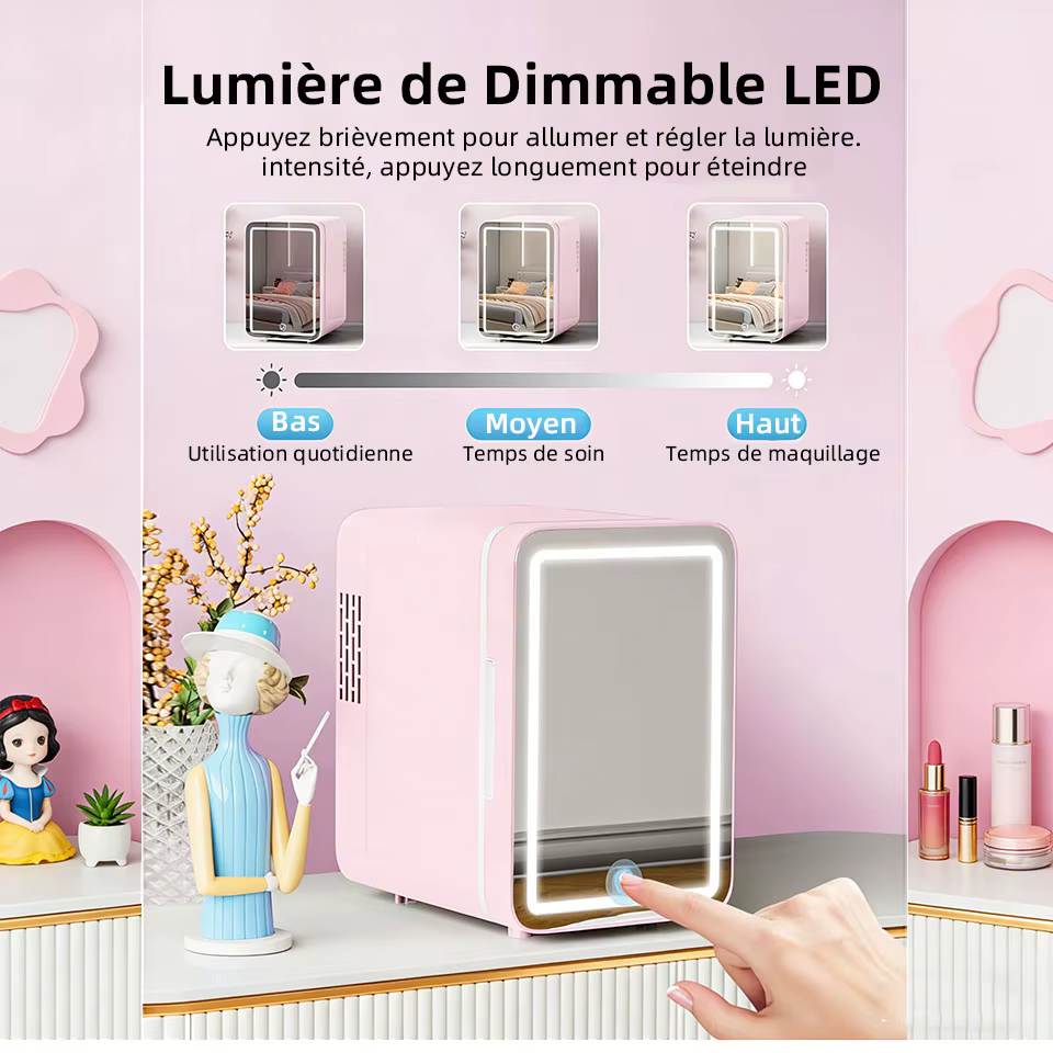 Mini-réfrigérateur de beauté portable avec miroir LED à intensité réglable pour maquillage et cosmétiques, idéal pour chambre, dortoir et voiture 