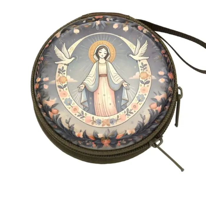 Sac de rangement pour chapelet de prière de la Vierge Marie, boîte à bijoux religieuse zippée en fer