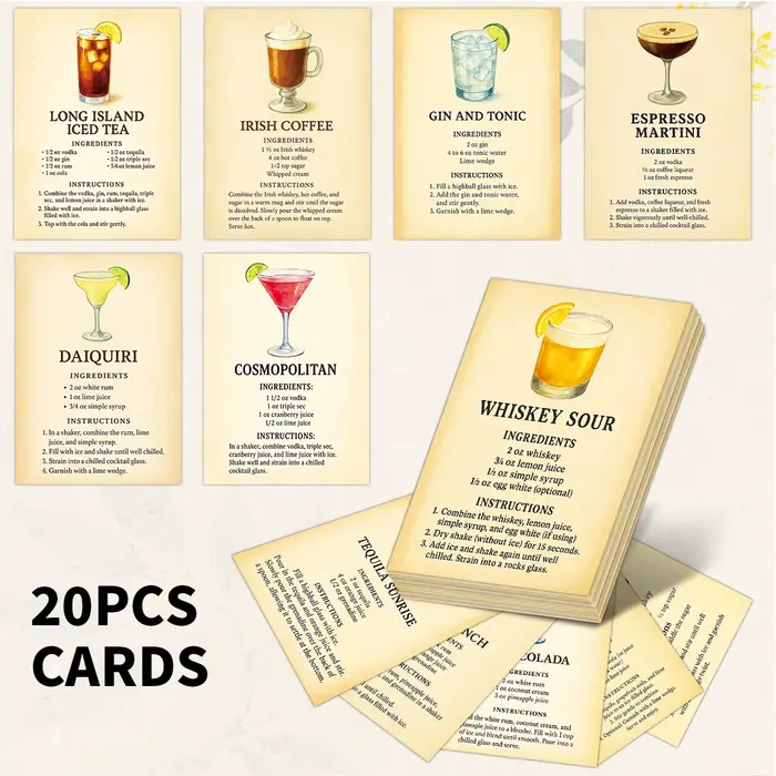 20 cartes de recettes d'ingrédients pour cocktails, fournitures de bar et de cuisine, cadeaux pour l
