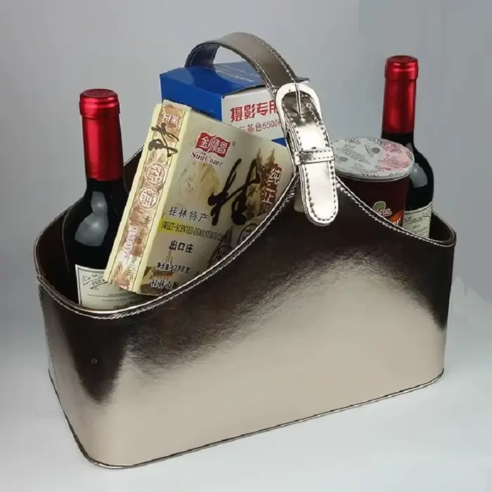 Panier cadeau en cuir couleur champagne, panier décoratif, panier à vin rouge