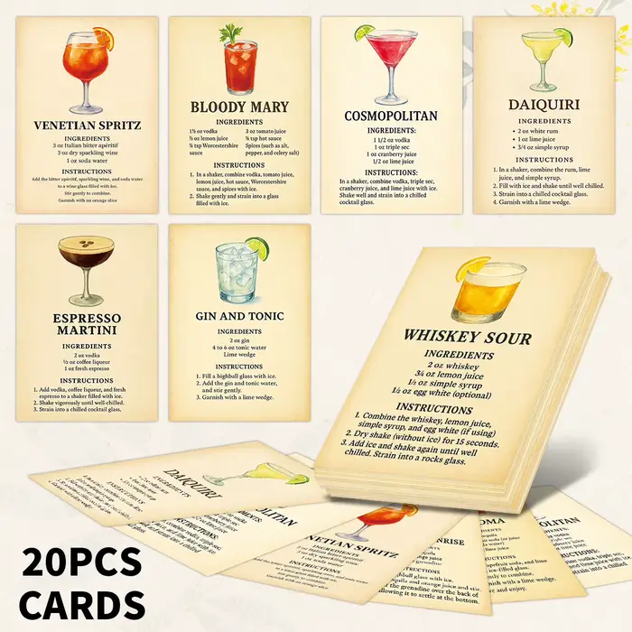 20 cartes de recettes d'ingrédients pour cocktails