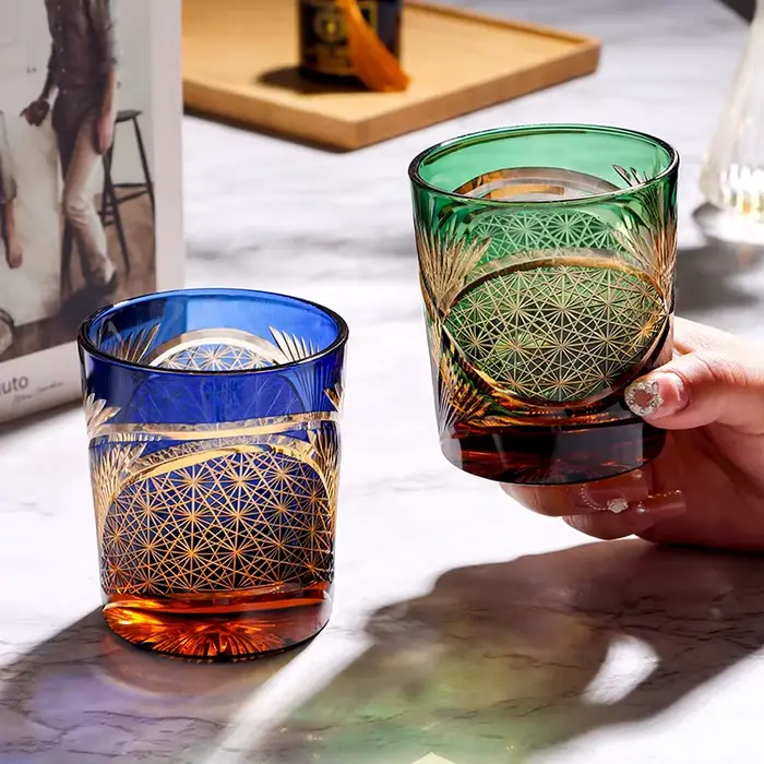 Tasse à whisky en verre de cristal Edo Kiriko sculptée à la main japonaise pour hommes