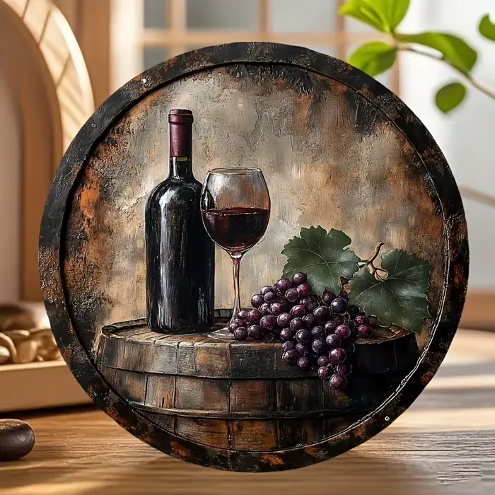 Panneau vintage en bois pour cave à vin - 20,32 x 20,32 cm Art mural rustique avec motif de raisins et de bouteilles de vin - Finition patinée, style Boho