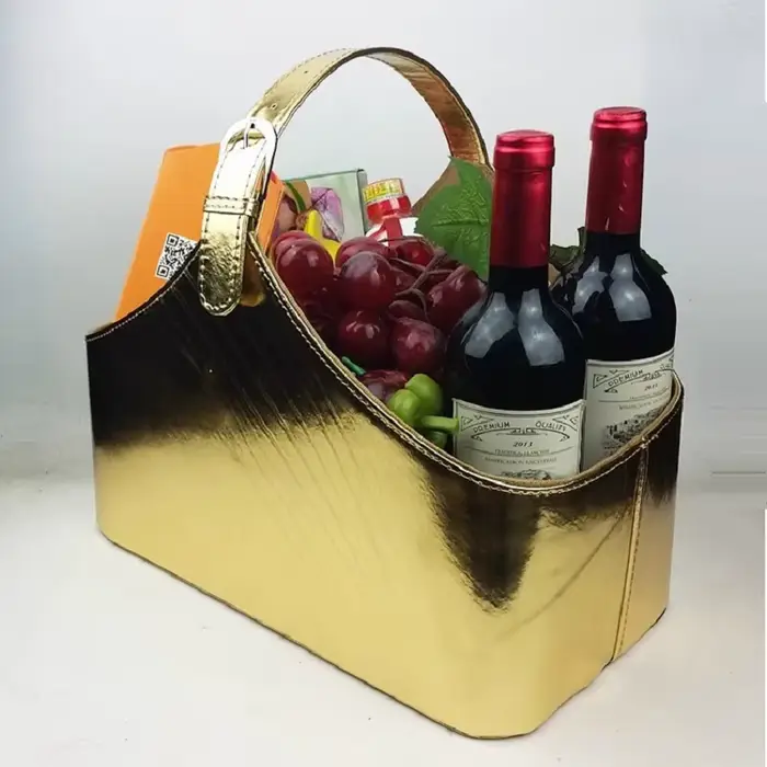 Panier cadeau en cuir couleur champagne, panier décoratif, panier à vin rouge