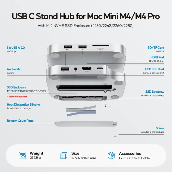 Hub PULWTOP Mac Mini M4 avec boîtier SSD M.2 (non inclus)