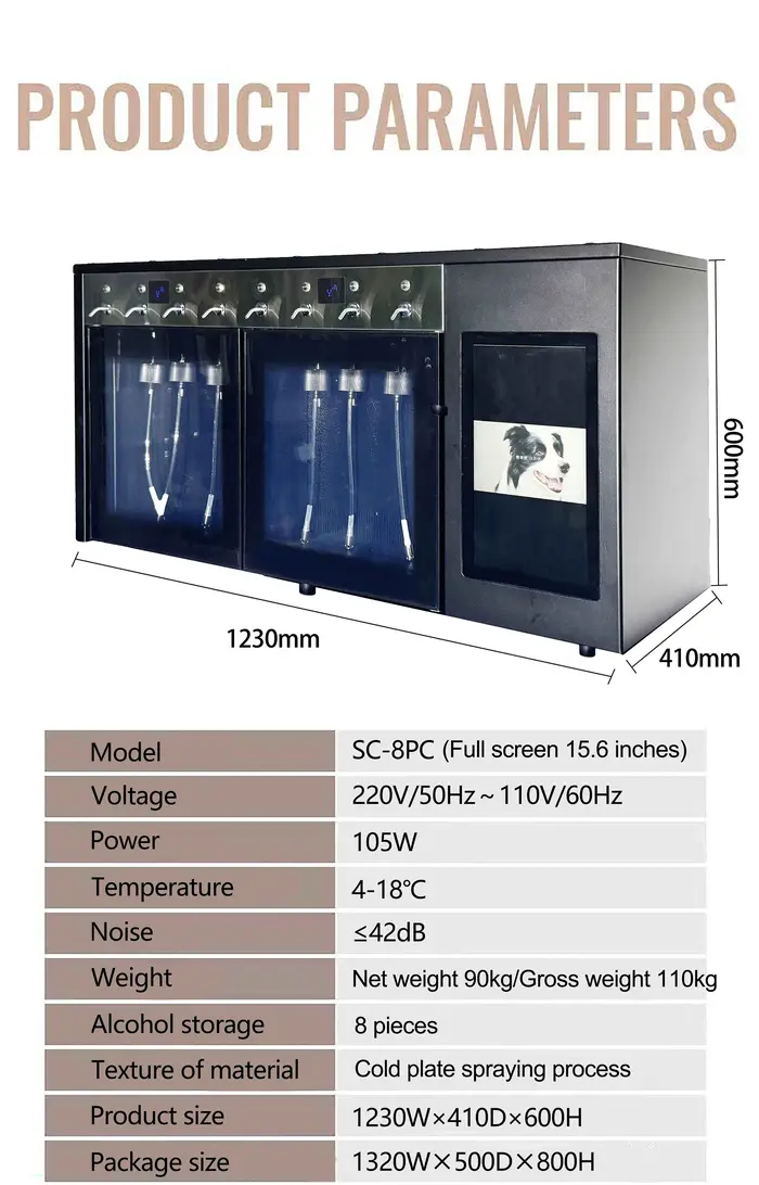 Distributeur de vin électrique de luxe 8 bouteilles en acier inoxydable automatique pour la restauration hôtelière