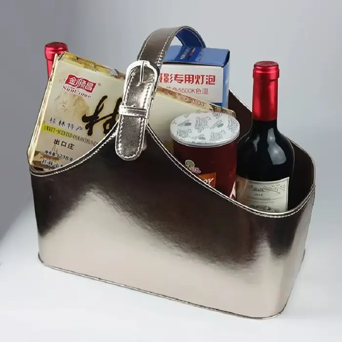 Panier cadeau en cuir couleur champagne, panier décoratif, panier à vin rouge