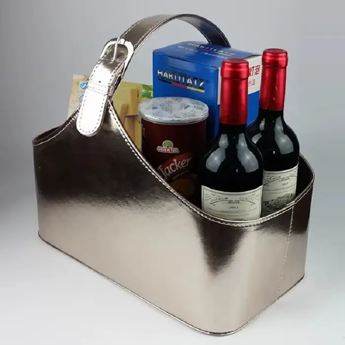 Panier cadeau en cuir couleur champagne, panier décoratif, panier à vin rouge